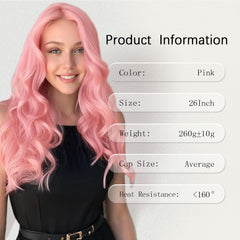 T-color long pink wavy wig middle-part shows natural, secure fit for all-day wear