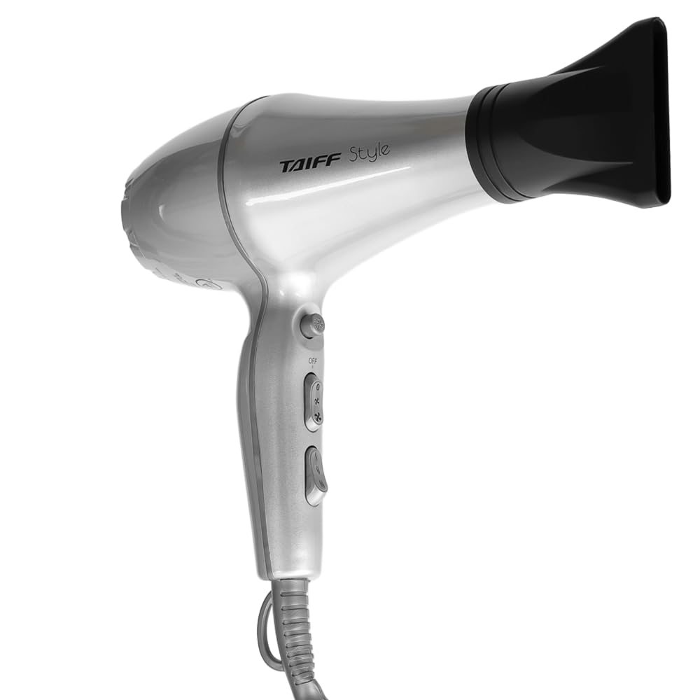 Taiff Style Hair Dryer IonSense Silver front view highlights compact design for quick at-home drying