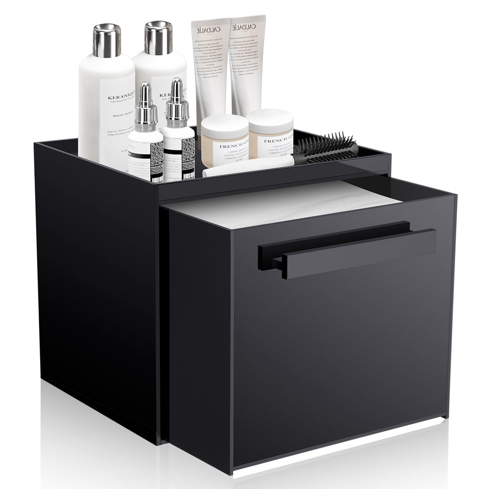 TAINESS glossy black towel box front view showing organized towels