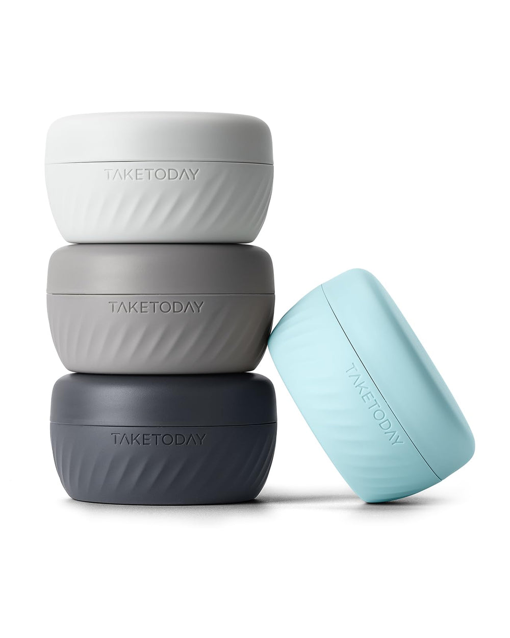 TakeToday travel containers set in gray with compact 2oz jars for easy packing and TSA fit.