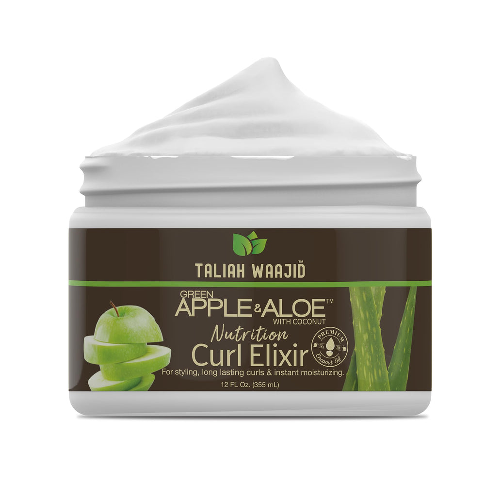 Taliah Waajid Green Apple and Aloe Nutrition Curl Elixir bottle highlights curl care and hydration.