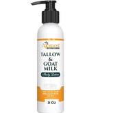 Tallow & Goat Milk lotion bottle shows 8 oz packaging for sensitive-skin care.
