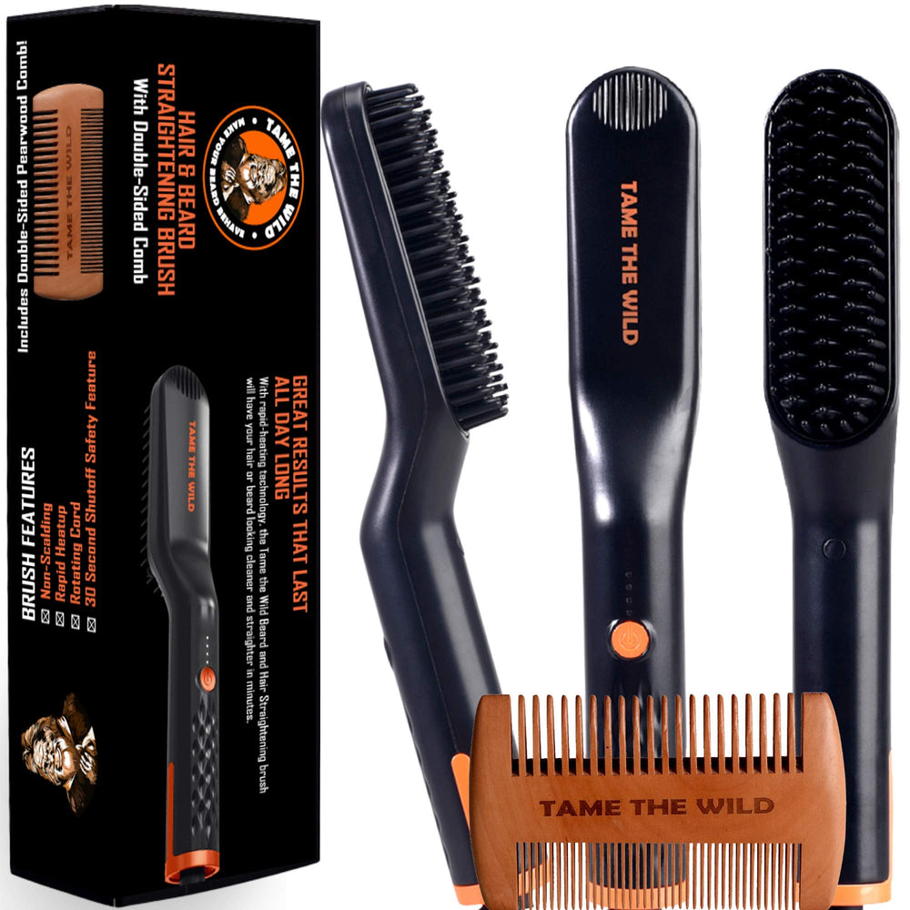 TAME THE WILD beard brush-straightener heat-comb for quick, smooth styling.