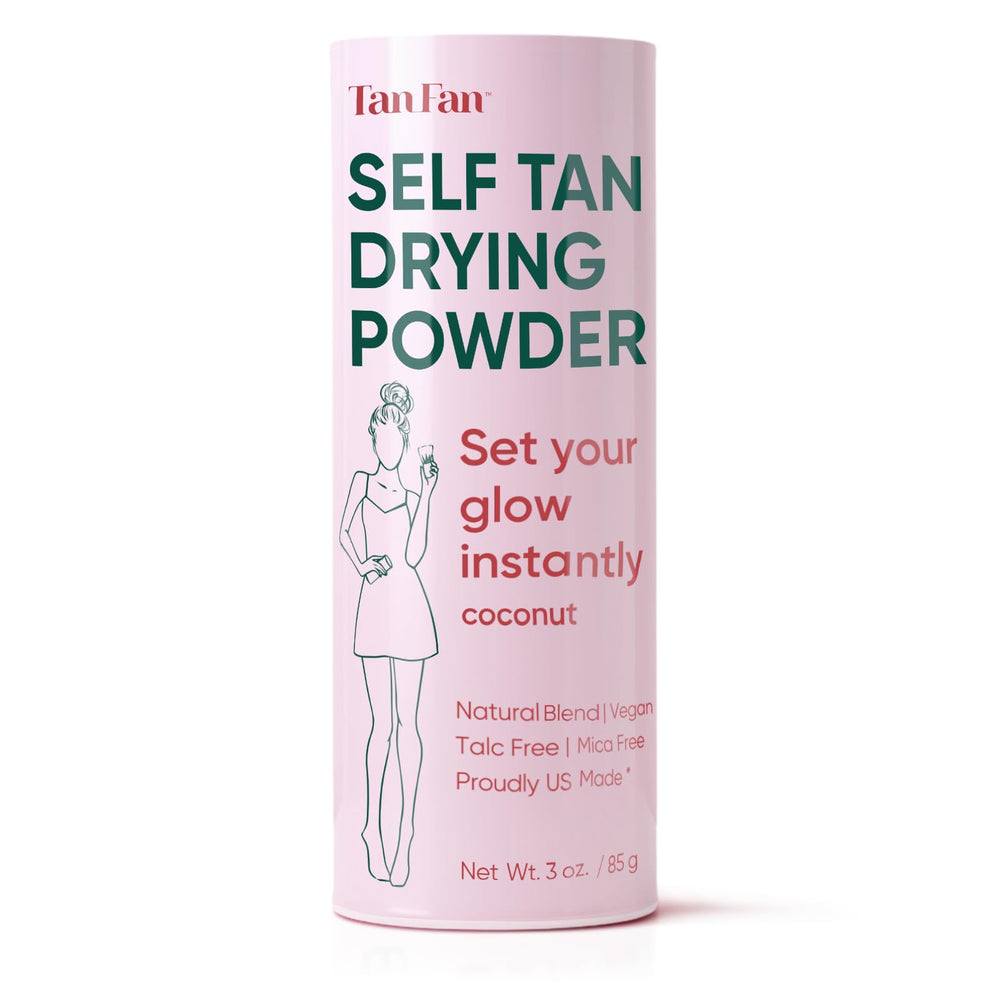 Tan Fan self-tan drying powder bottle for post-tan setting and transfer-proof finish.