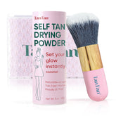 Tan Fan self-tan drying powder coconut bottle demonstrates quick setting for silky, transfer-free results.