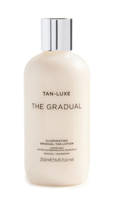 Tan-Luxe The Gradual bottle on a bathroom counter for a buildable daily glow.