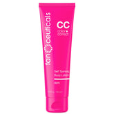 Tanceuticals Dark Self Tanner bottle shows natural sunless tan with even coverage.