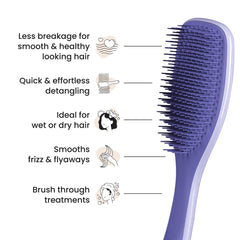 Tangle Teezer Ultimate Detangler close-up highlights smoothing teeth for frizz-free finish.