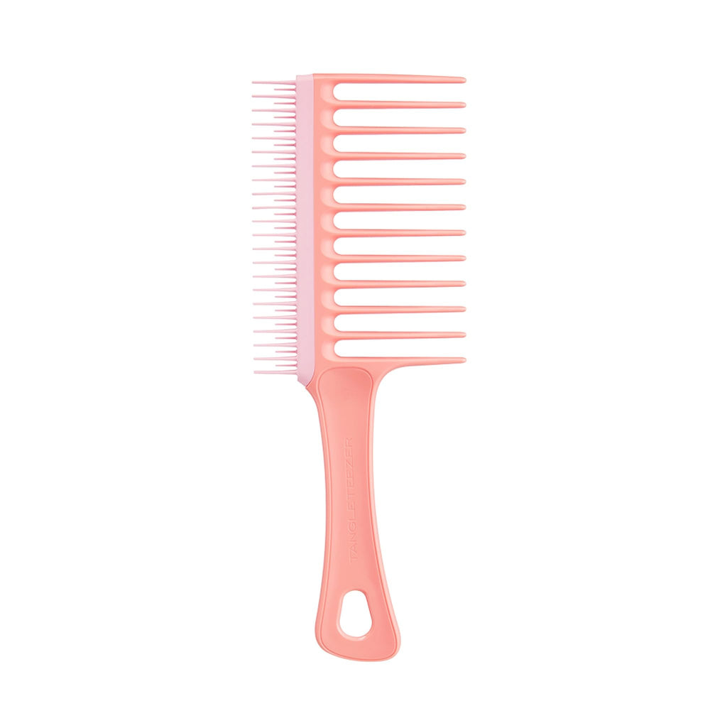 Tangle Teezer Wide Tooth Comb Peach ergonomic handle for comfortable detangling.