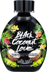 Tanning Paradise Black Coconut Love lotion jar close-up highlighting hydration.