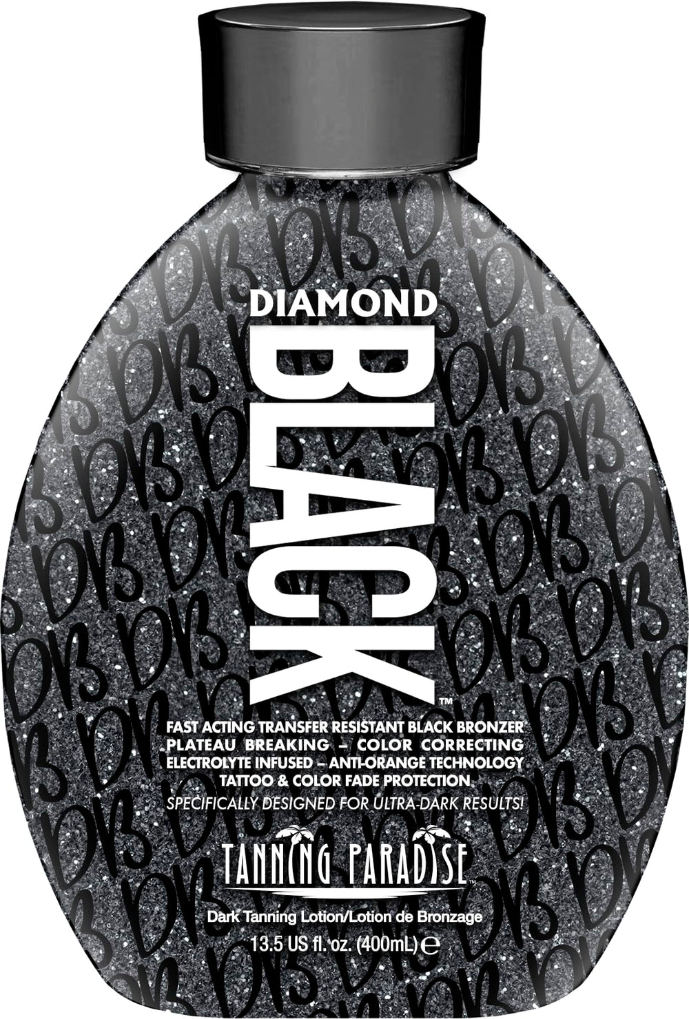 Tanning Paradise Diamond Black bottle pour showing transfer-resistant tanning for clean clothes