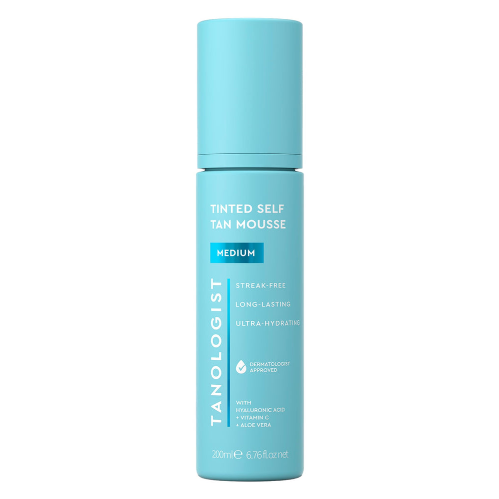 Tanologist Medium Self Tan Mousse bottle closeup with tinted guide for easy, even application.