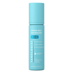 Tanologist Medium Self Tan Mousse bottle closeup with tinted guide for easy, even application.