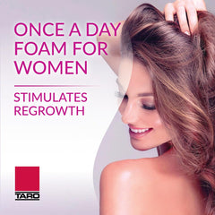 TARO Minoxidil foam application shown on dry scalp for daily use.