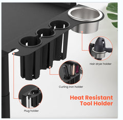 Tasalon adjustable-height hair rack shows clear versatility for standing or seated work.
