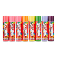 Taste Beauty Skittle Lip Balms 8-pack swatch reveals playful hues for quick lip color touch-ups.