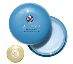 TATCHA Indigo Cleansing Balm jar closeup, buttery texture melts makeup softly