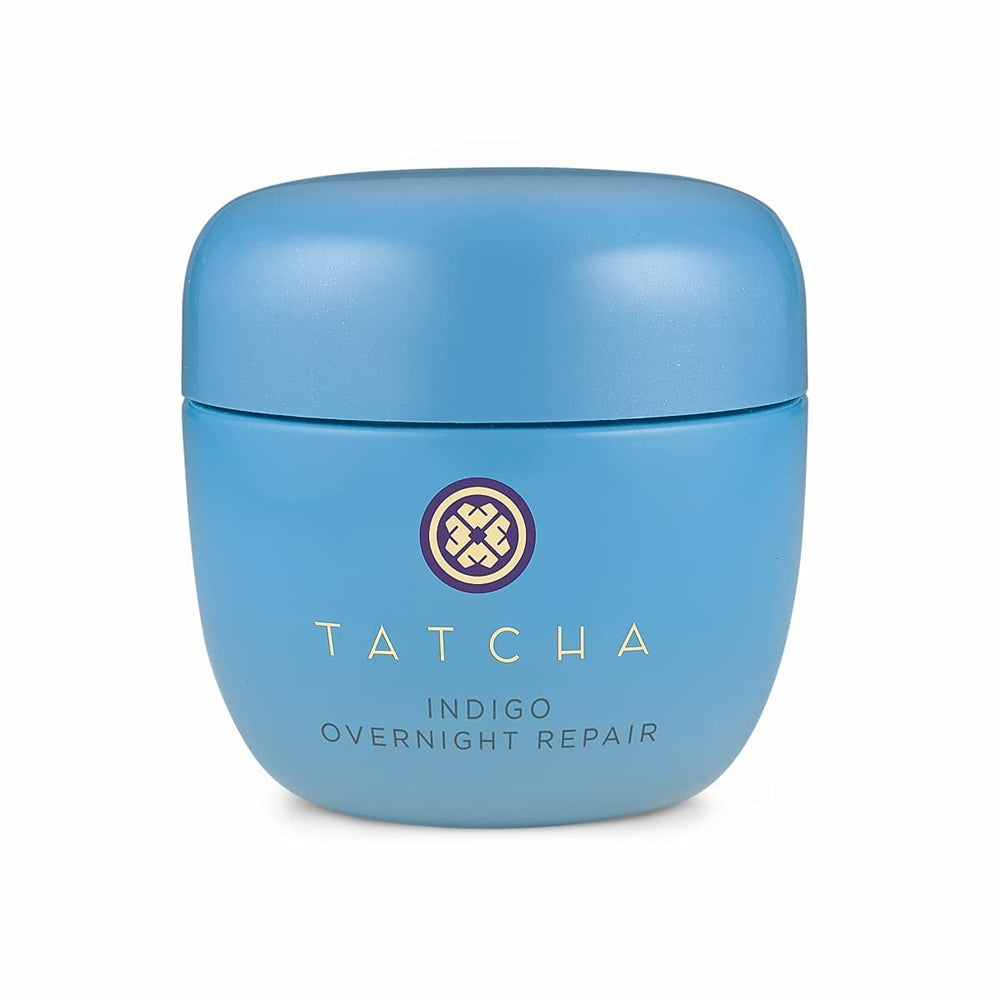 TATCHA Indigo Overnight Repair bottle-pump showing fragrance-free night care for irritated skin.