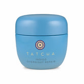 TATCHA Indigo Overnight Repair bottle-pump showing fragrance-free night care for irritated skin.