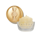 TATCHA Kissu Gold Leaf Lip Mask jar closeup reveals nourishing shimmer for hydrated lips.