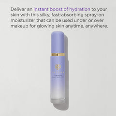 Tatcha Luminous Dewy Skin Mist applied to the face for a dewy hydration boost.