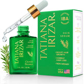 Tatiana Irizar hair serum bottle closeup highlighting scalp nourishment.
