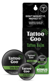 Tattoo Goo balm packaging shows two tins for convenient home and travel aftercare