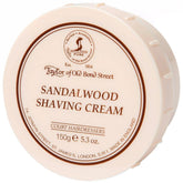 Taylor of Old Bond Street sandalwood shaving cream bowl with lid open showing rich lather