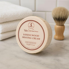 Taylor of Old Bond Street sandalwood shaving cream bowl with lush lather texture