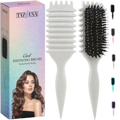 TAZ USA curl-defining brush beige handle with dual bristles for detangling and shaping curls.