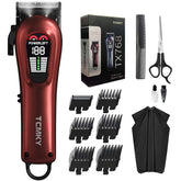 TCMKY hair clippers in hand showing cordless versatility for home grooming.