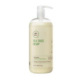 Tea Tree Hemp Restoring Shampoo bottle shows hemp-infused gentle cleansing for all hair types.