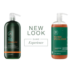 Tea Tree Special Color Shampoo label closeup emphasizes color-retention and ingredients.