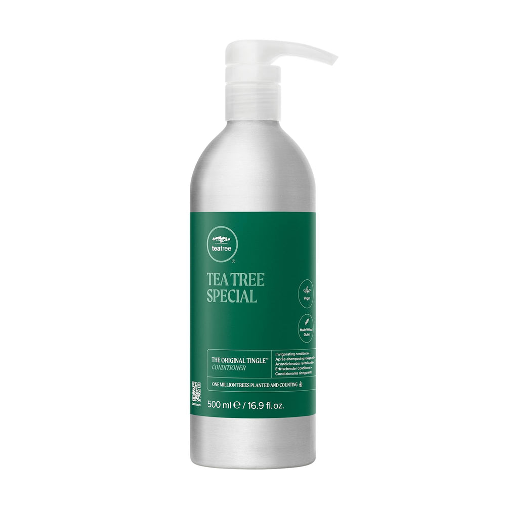 Tea Tree Special Conditioner aluminum bottle on counter showing reusable packaging benefits