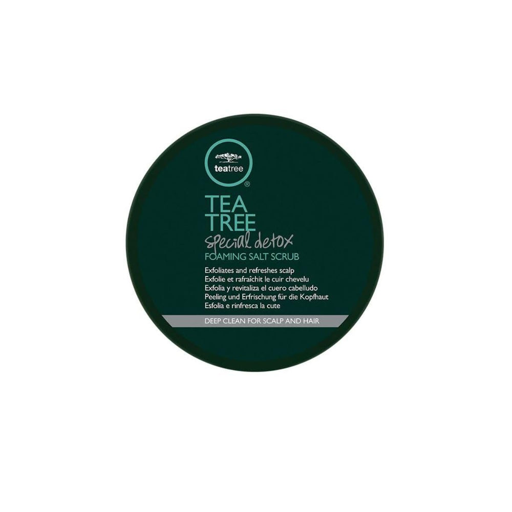 Tea Tree Special Detox Foaming Salt Scrub bottle promotes scalp refresh with invigorating scent