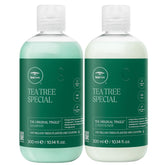 Tea Tree Special Shampoo bottle pour offers invigorating scalp refreshment.