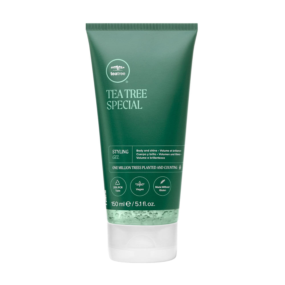 Tea Tree Styling Gel bottle pour shows medium hold for flexible styling.