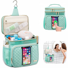 Tealari large toiletry bag shows three compartments for organized cosmetics on the go.