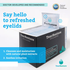 TearRestore Tea Tree HylaWipe Eyelid Wipes open-pack shows convenient access for morning routines.