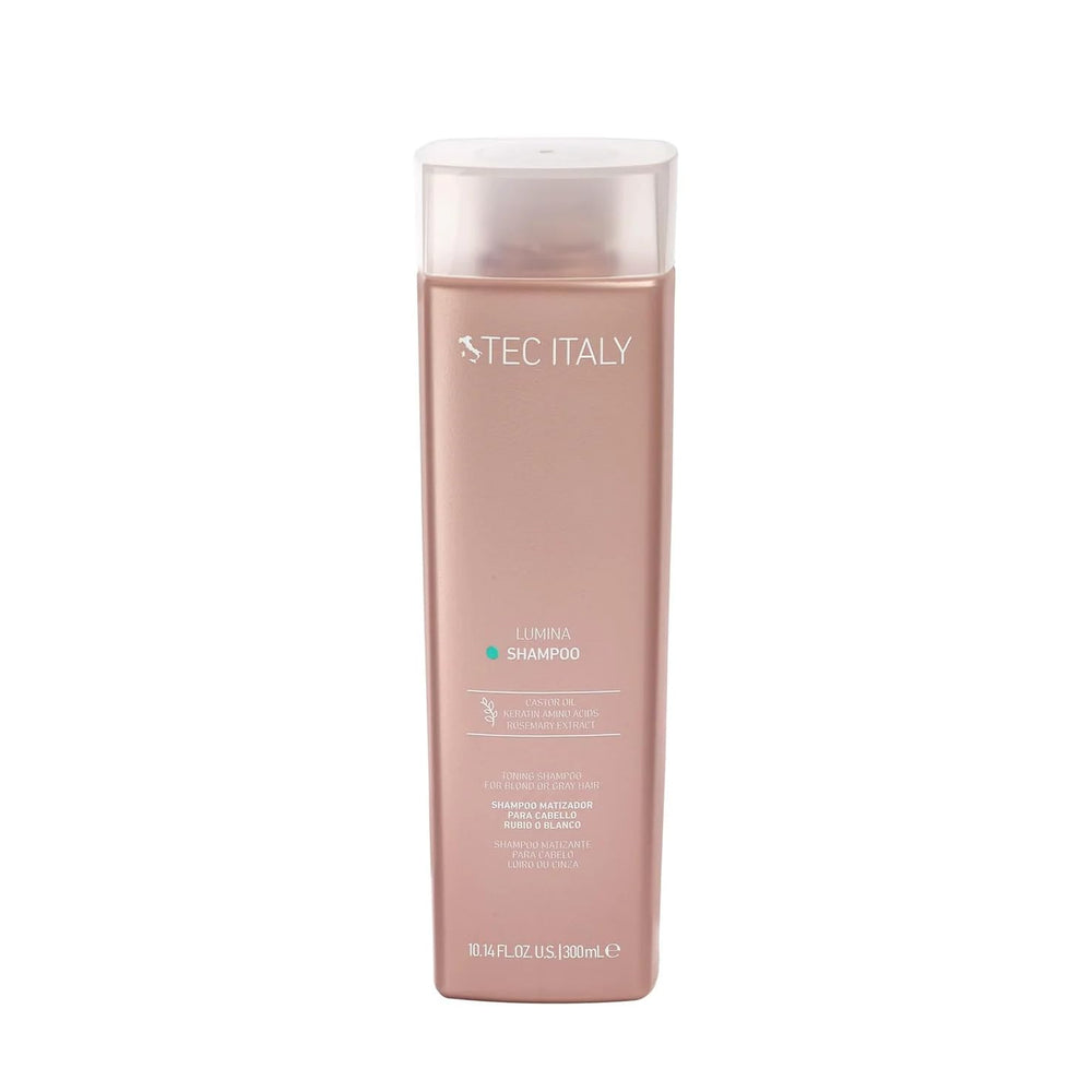 Tec Italy Lumina Purple Shampoo bottle showing violet toning to reduce yellow