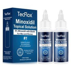 TecFlox minoxidil bottle front with 5% formula for hair support