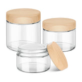 Tecohouse glass jar 4oz with woodgrain lid in a 3-pack for versatile cosmetic storage.