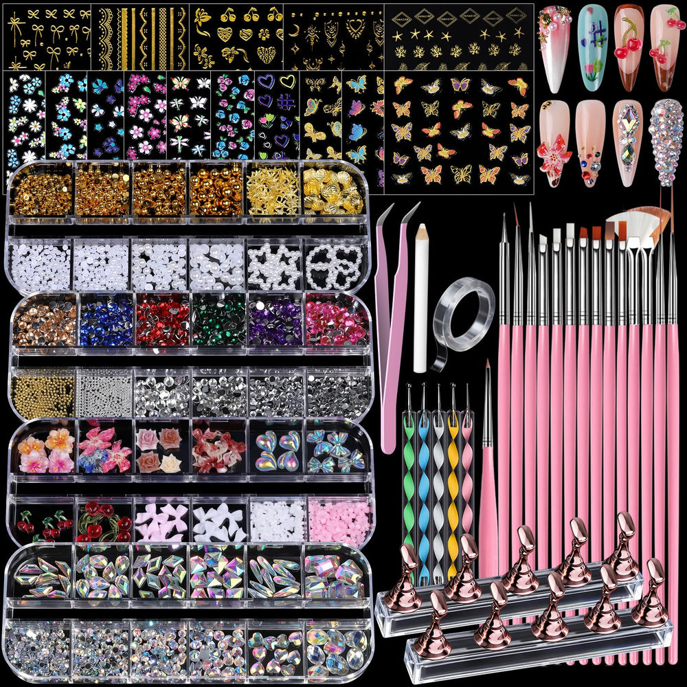 Teenitor 4 boxes nail charms set with AB rhinestones for dazzling nail designs.