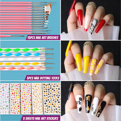 Teenitor acrylic fake nails kit arranged with nail art supplies like rhinestones and glitter.