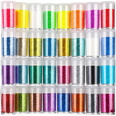 Teenitor Fine Glitter 32-color set jars close-up for vibrant makeup and crafts
