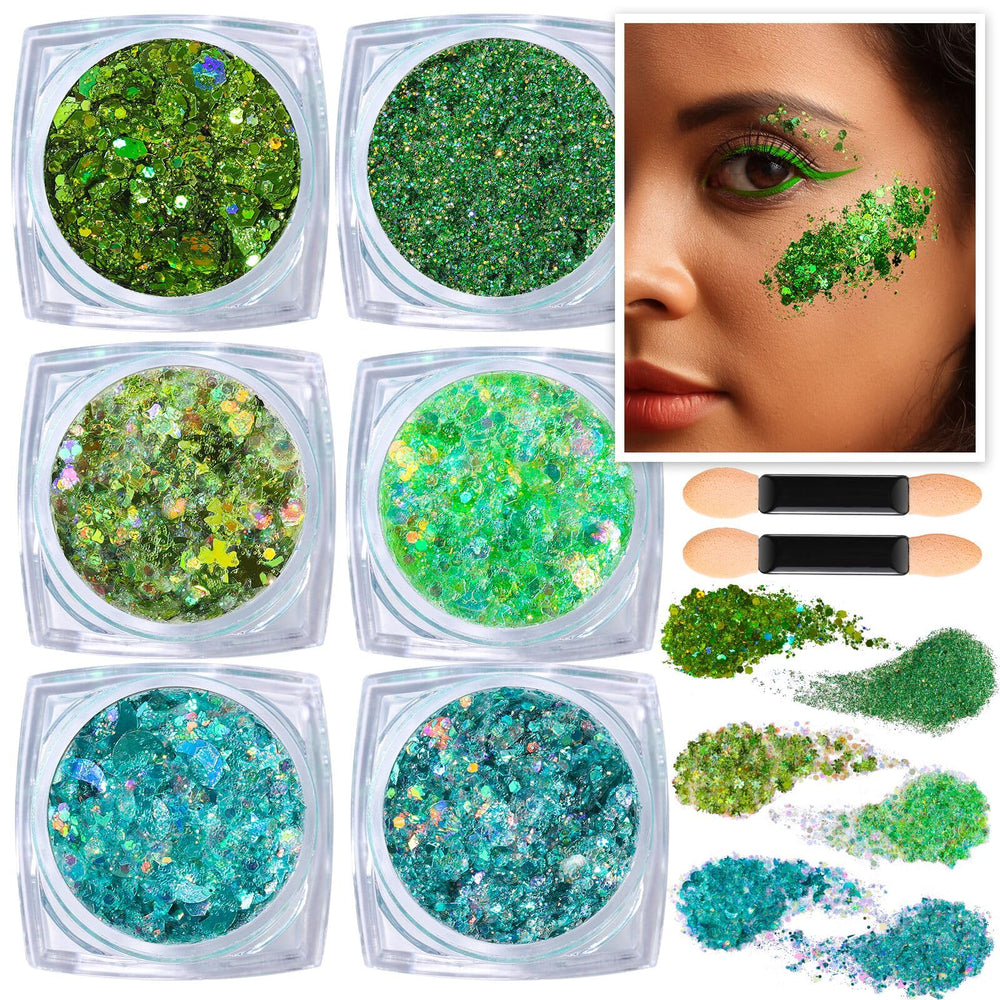 Teenitor Green Face Glitter six-shapes pack ready for bold festival looks.