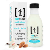 Teenology Teen Shampoo bottle closeup shows sulfate- and paraben-free formula for teen skin.