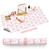 Teenyyou Coquette Bow makeup mat pink top view highlights dual-sided color for vanity styling