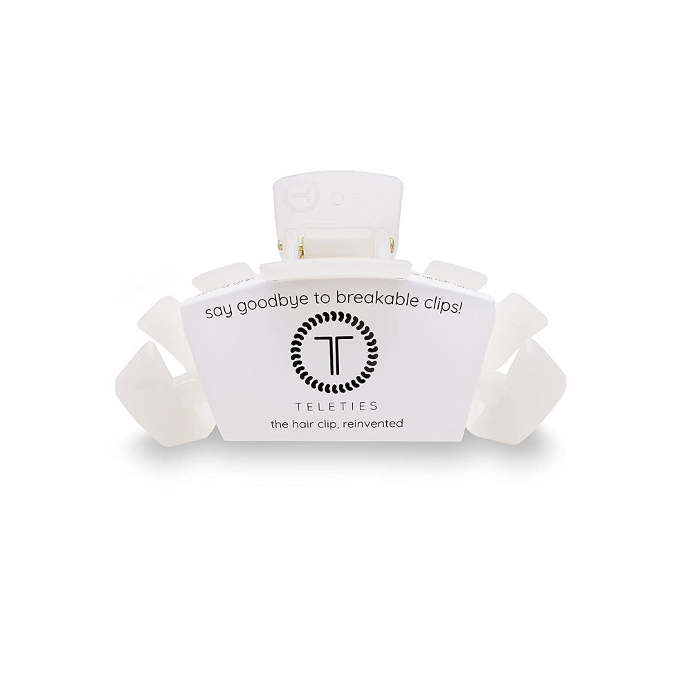 Teleties coconut white large hair clip closeup highlighting a sturdy grip for thick hair.