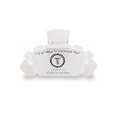 Teleties coconut white large hair clip closeup highlighting a sturdy grip for thick hair.